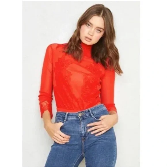 NWT $148 Free People Take HAH Bow Bodysuit Large Red Sheer Lace S L XL - Picture 5 of 11